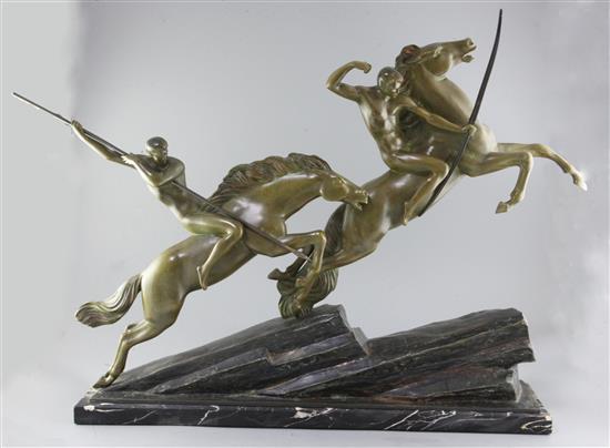 Armand Lemo. An Art Deco bronze group of an archer and spearman riding horses, 28in. height 28in.